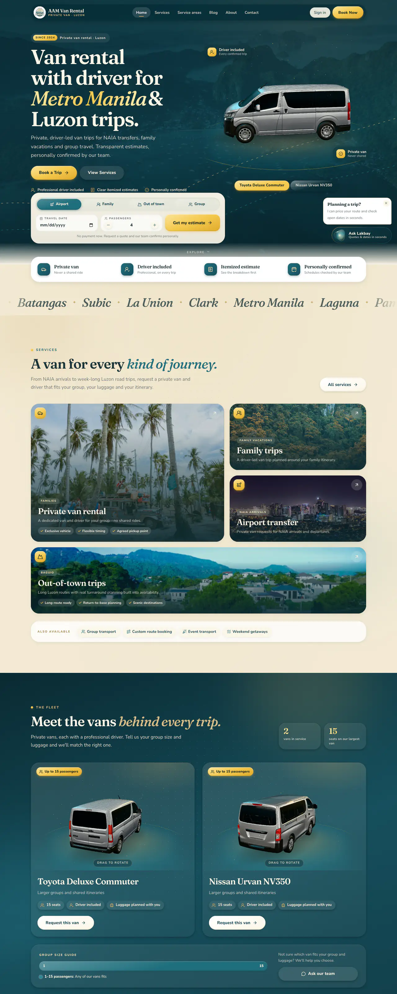 The AAM Van Rental website on a desktop screen