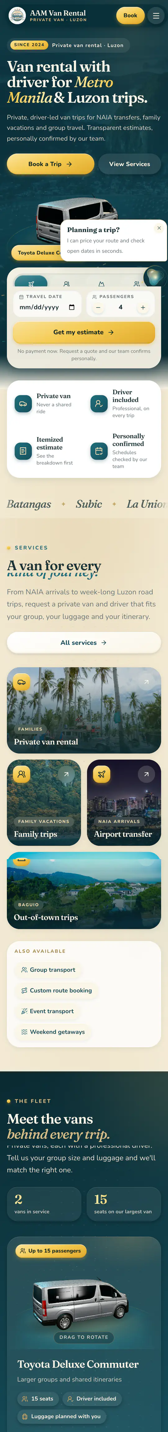 The AAM Van Rental website on a phone